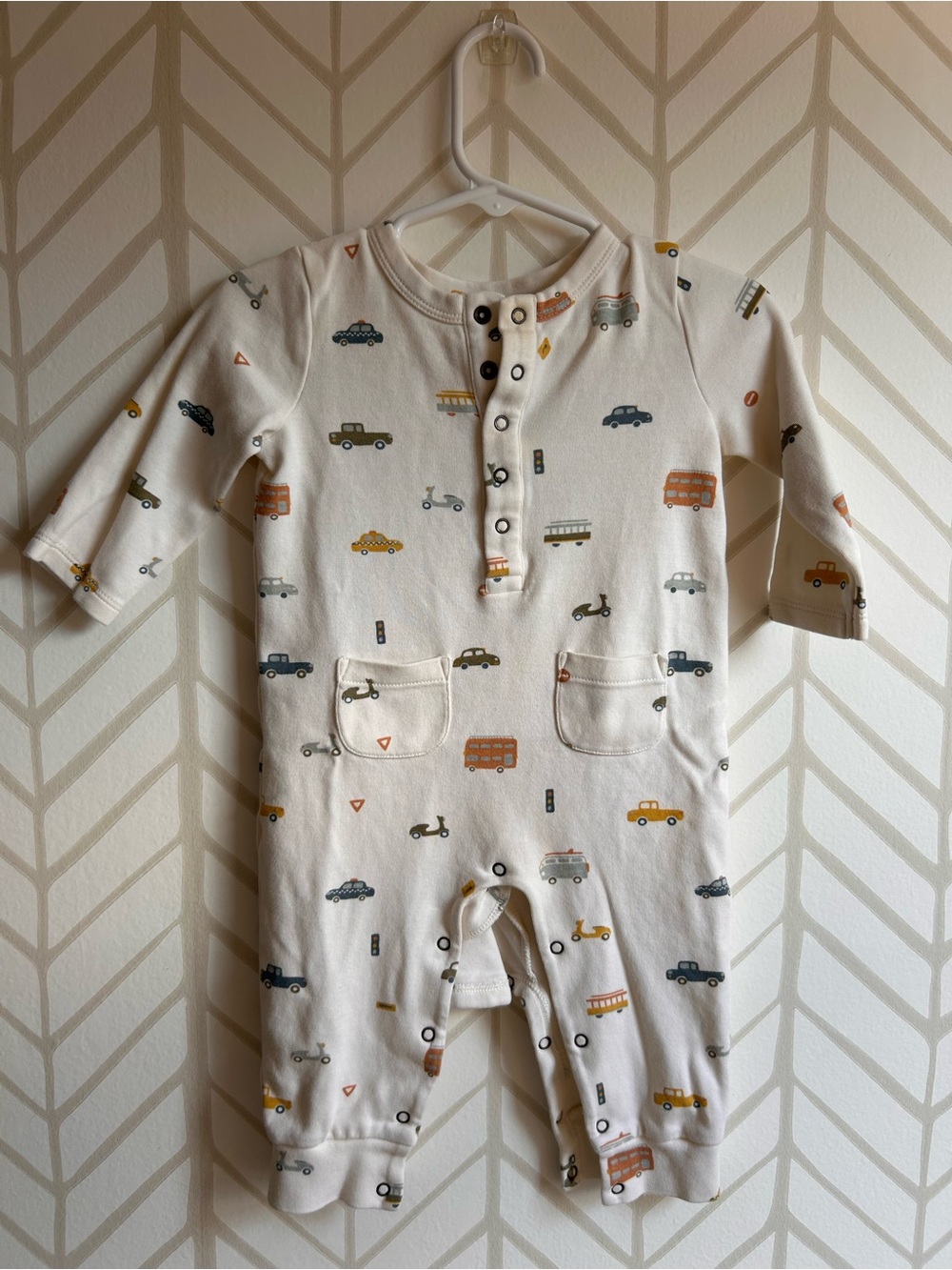 *Pehr-* Cream Baby One-Piece Romper with Vehicle Print